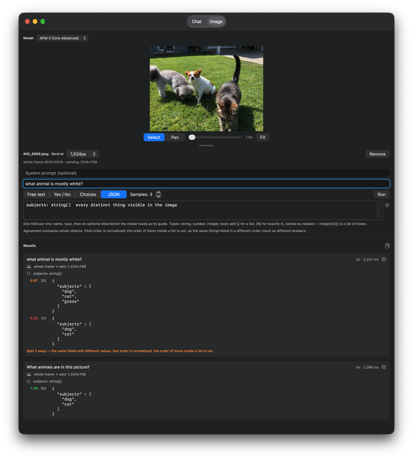 The macOS image tab showing a prompt split two ways across three samples